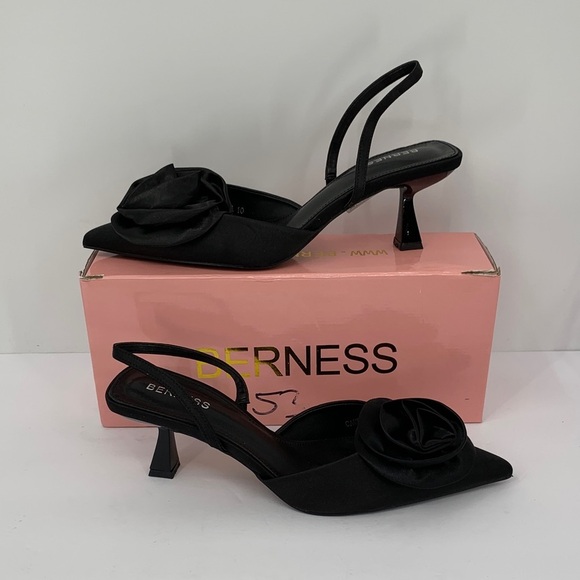 Berness Camellia black satin pumps shoe d'orsay kitten heel back strap new 10 - Picture 1 of 7